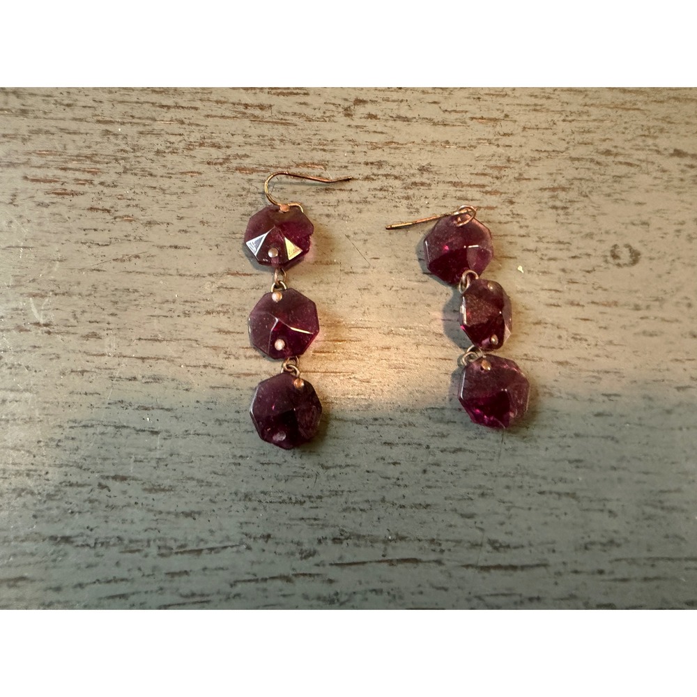 Vintage Plum Purple Faceted Geometric Triple Drop Dangle Earrings Gold Tone